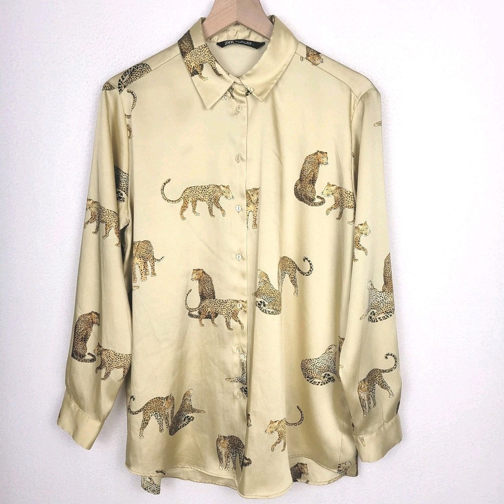 ZARA Animal Print Button Down Blouse Women L Cream Satin Long Sleeve Jungle Chic
